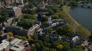 AX142_096E - 5.5K aerial stock footage orbiting Harvard University, Eliot House, Cambridge, Massachusetts