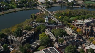 AX142_098E - 5.5K aerial stock footage orbiting Harvard University, Eliot House, Cambridge, Massachusetts