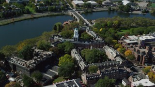 AX142_099 - 5.5K stock footage aerial video orbiting Harvard University, Eliot House, Cambridge, Massachusetts