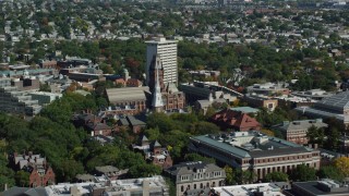 AX142_102 - 5.5K aerial stock footage of Harvard University, Widener Library, Memorial Church, Cambridge, Massachusetts