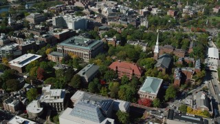 AX142_107 - 5.5K aerial stock footage of Harvard University, Memorial Church, Widener Library, Cambridge, Massachusetts