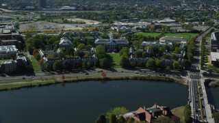 AX142_115 - 5.5K aerial stock footage of Harvard University, Harvard Business School, Cambridge, Massachusetts
