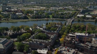 AX142_115E - 5.5K aerial stock footage of Harvard University, Harvard Business School, Cambridge, Massachusetts