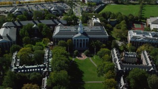 AX142_116 - 5.5K stock footage aerial video approaching Harvard Business School, Harvard University, Cambridge, Massachusetts