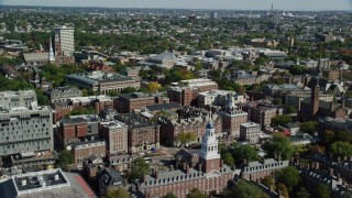 AX142_122 - 5.5K aerial stock footage of Eliot House, Lowell House, Harvard University, Cambridge, Massachusetts