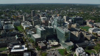 AX142_134 - 5.5K stock footage aerial video orbiting Longwood Medical Area, reveal Beth Israel Hospital, Boston, Massachusetts