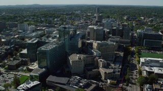 AX142_135 - 5.5K stock footage aerial video orbiting Beth Israel Hospital, Longwood Medical Area, Boston, Massachusetts