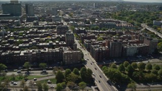 AX142_160 - 5.5K aerial stock footage of Victorian brownstones, apartments, Back Bay, Downtown Boston, Massachusetts