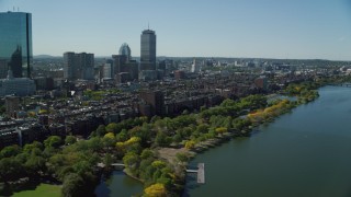 AX142_168 - 5.5K aerial stock footage flying by buildings and parks, Back Bay, Downtown Boston, Massachusetts