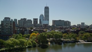 AX142_172 - 5.5K aerial stock footage flying by buildings and parks, Back Bay, Downtown Boston, Massachusetts