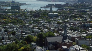 AX142_183 - 5.5K stock footage aerial video of St. Francis De Sales Church, Bunker Hill Monument, Charlestown, Massachusetts