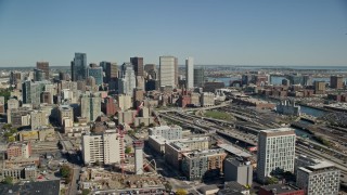 AX142_204 - 5.5K aerial stock footage flying by skyscrapers, revealing Interstate 93, Downtown Boston, Massachusetts