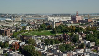 AX142_207 - 5.5K aerial stock footage flying by Dorchester Heights Monument, South Boston, Massachusetts