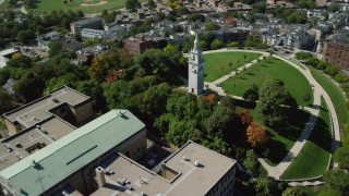 AX142_242 - 5.5K aerial stock footage of South Boston Education Complex, Dorchester Heights Monument, South Boston, Massachusetts