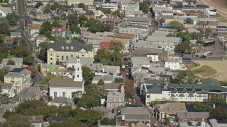 AX143_236 - 5.5K aerial stock footage of Unitarian Universalist Meeting House, Provincetown Town Hall, Provincetown, Massachusetts