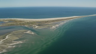 AX144_058E - 5.5K aerial stock footage flying by sand bars at low tide and Monomoy Island, Massachusetts