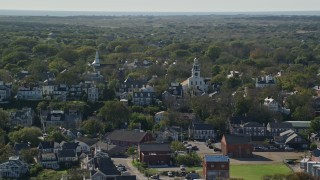 AX144_077E - 5.5K aerial stock footage of a coastal community, Unitarian Universalist Church, Nantucket, Massachusetts