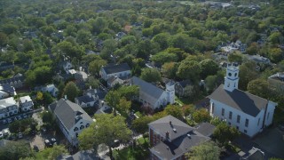 AX144_136 - 5.5K stock footage aerial video flying by Old Whaling Church, Edgartown, Martha's Vineyard, Massachusetts