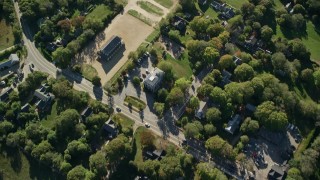 AX144_155 - 5.5K aerial stock footage video of a bird's eye view over rural homes, West Tisbury, Martha's Vineyard, Massachusetts