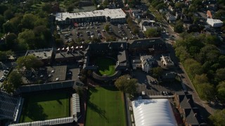 AX144_242E - 6k aerial stock footage orbiting International Tennis Hall of Fame, Newport Casino, Newport, Rhode Island