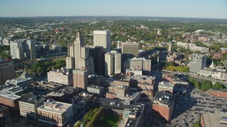 AX145_048 - 6k stock footage aerial video orbiting buildings and skyscrapers, Downtown Providence, Rhode Island
