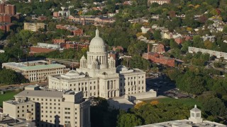 AX145_050E - 6k aerial stock footage orbiting the Rhode Island State House, Providence, Rhode Island
