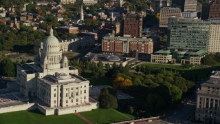 AX145_052E - 6k aerial stock footage of Rhode Island State House, Providence Station, Downtown Providence, Rhode Island