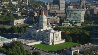 AX145_053 - 6k stock footage aerial video of Rhode Island State House, Providence Station, Downtown Providence, Rhode Island