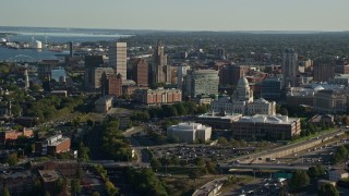 AX145_054 - 6k aerial stock footage of Rhode Island State House, skyscrapers, Downtown Providence, Rhode Island