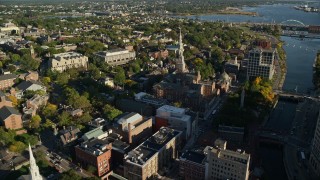 AX145_077E - 6k aerial stock footage flying over library, government buildings, approach church, Providence, Rhode Island