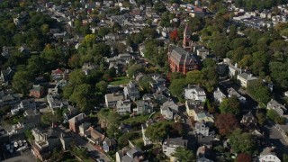 AX147_032 - 6K aerial stock footage flying over coastal community and Abbott Hall, Marblehead, Massachusetts