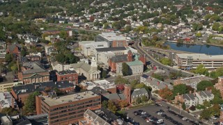 AX147_042E - 6K aerial stock footage flying by the Tabernacle Church in autumn, Salem, Massachusetts
