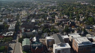 AX147_044 - 6K aerial stock footage passing by churches and office buildings, Salem, Massachusetts