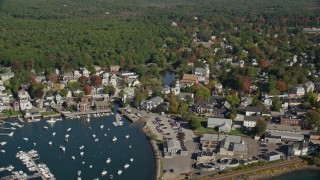 AX147_072E - 6K aerial stock footage flying by harbor, coastal community, autumn, Manchester-by-the-Sea, Massachusetts