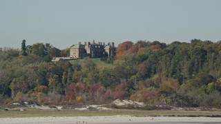 AX147_137 - 6k aerial stock footage of The Great House, Crane Estate atop Castle Hill in autumn, Ipswich, Massachusetts
