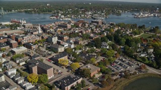 AX147_179 - 6K aerial stock footage of a small coastal town in autumn, Portsmouth, New Hampshire