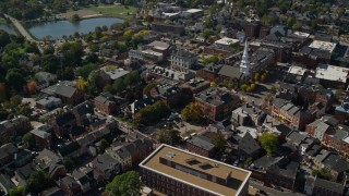 AX147_183 - 6k aerial stock footage of office buildings and streets in a small coastal town, autumn, Portsmouth, New Hampshire