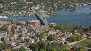 AX147_222 - 6k aerial stock footage of Memorial Bridge connecting Portsmouth, New Hampshire and Kittery, Maine