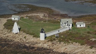AX147_261E - 6K aerial stock footage flying by Goat Island Light, autumn, Kennebunkport, Maine