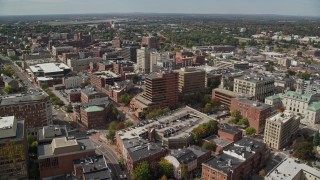 AX147_333 - 6K aerial stock footage flying over downtown, approach Cumberland County Civic Center, Portland, Maine