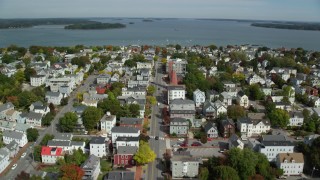 AX147_341 - 6k aerial stock footage flying over Congress Street to Portland Observatory, coastal town, Portland, Maine