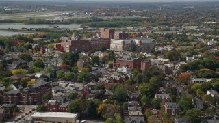 AX147_352 - 6k aerial stock footage approaching Maine Medical Center, autumn, Portland, Maine