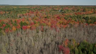 AX148_036E - 6K aerial stock footage flying over colorful forest, approach isolated rural home, autumn, Cushing, Maine