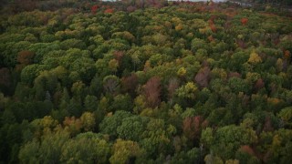 AX148_128 - 6K aerial stock footage flying by rural homes, colorful trees, Islesboro Island, autumn, Islesboro, Maine