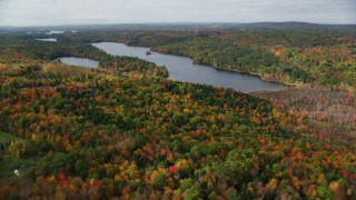 AX150_010 - 5.5K aerial stock footage flying over colorful forest, approach Upper Narrows Pond, autumn, Winthrop, Maine