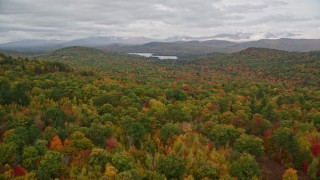 AX150_133E - 5.5K aerial stock footage flying over dense forest in autumn, approach Cezar Lake, overcast, Lovell, Maine