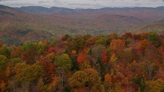 AX150_167E - 5.5K aerial stock footage approaching colorful forest, White Mountains, small town of Jackson, New Hampshire