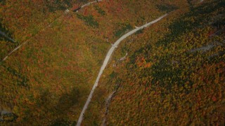 AX150_198 - 5.5K aerial stock footage of a bird's eye view over forest, Highway 302, overcast, autumn, White Mountains, New Hampshire