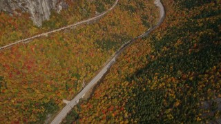 AX150_198E - 5.5K aerial stock footage of a bird's eye view over forest, Highway 302, overcast, autumn, White Mountains, New Hampshire