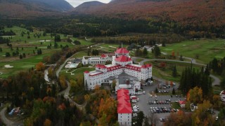 AX150_208 - 5.5K stock footage aerial video orbiting Omni Mount Washington Resort and Mount Washington Resort Golf Club, Carroll, New Hampshire